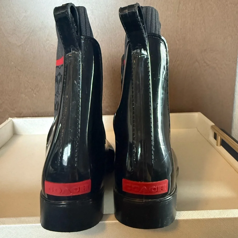 Coach Black Patent Signature Chelsea Rain Boots with Red Accent - Picture 2 of 4